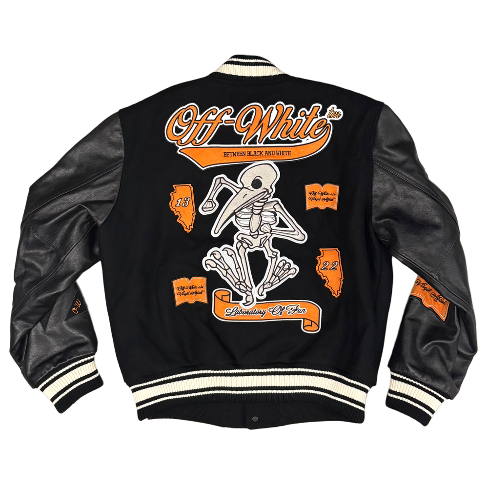 Off-White "Laboratory of Fun Black/Orange Patch" Wool Varsity Leather Jacket