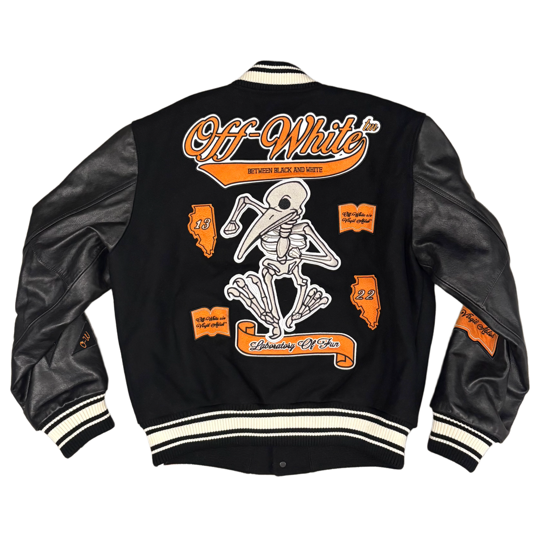 Off-White "Laboratory of Fun Black/Orange Patch" Wool Varsity Leather Jacket