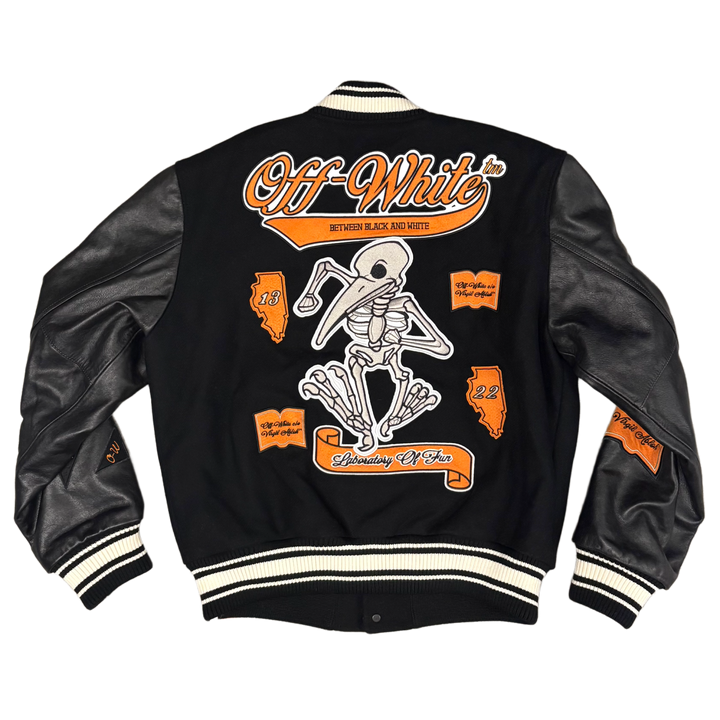 Off-White "Laboratory of Fun Black/Orange Patch" Wool Varsity Leather Jacket