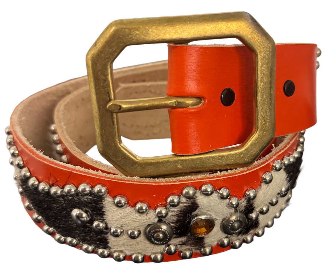 Studded 'Zebra Hair' Spider Gem Orange Leather Belt