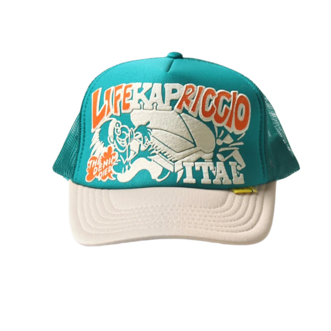 Kapital 'Life Kapriccio' Teal Beige Trucker Hat