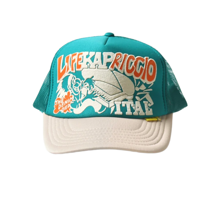Kapital 'Life Kapriccio' Teal Beige Trucker Hat