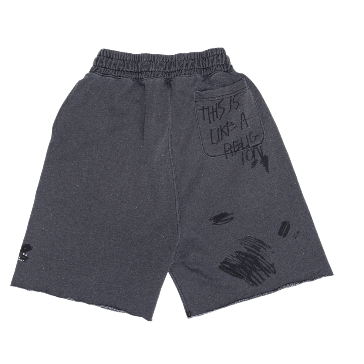 Back flat lay view of the faded dark grey Paly sweat shorts, showcasing a relaxed silhouette with an unadorned seat and subtle black distressed graphic prints accenting the outer lower legs near the raw hems.