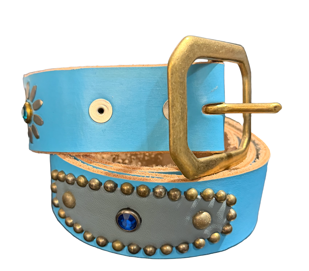 Studded 'Silver Leather/ Sun Gem' Baby Blue Belt