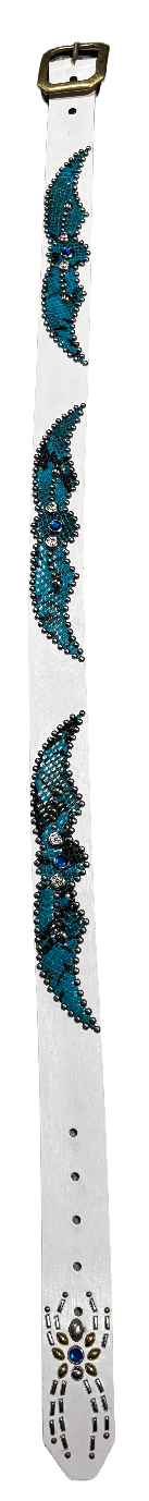 Studded 'Turqoise Snakeskin' Spider Gem White Leather Belt