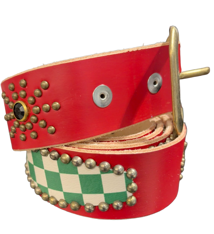 Studded 'Green Checkered Leather/ Sun Gem' Red Belt