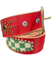 Studded 'Green Checkered Leather/ Sun Gem' Red Belt