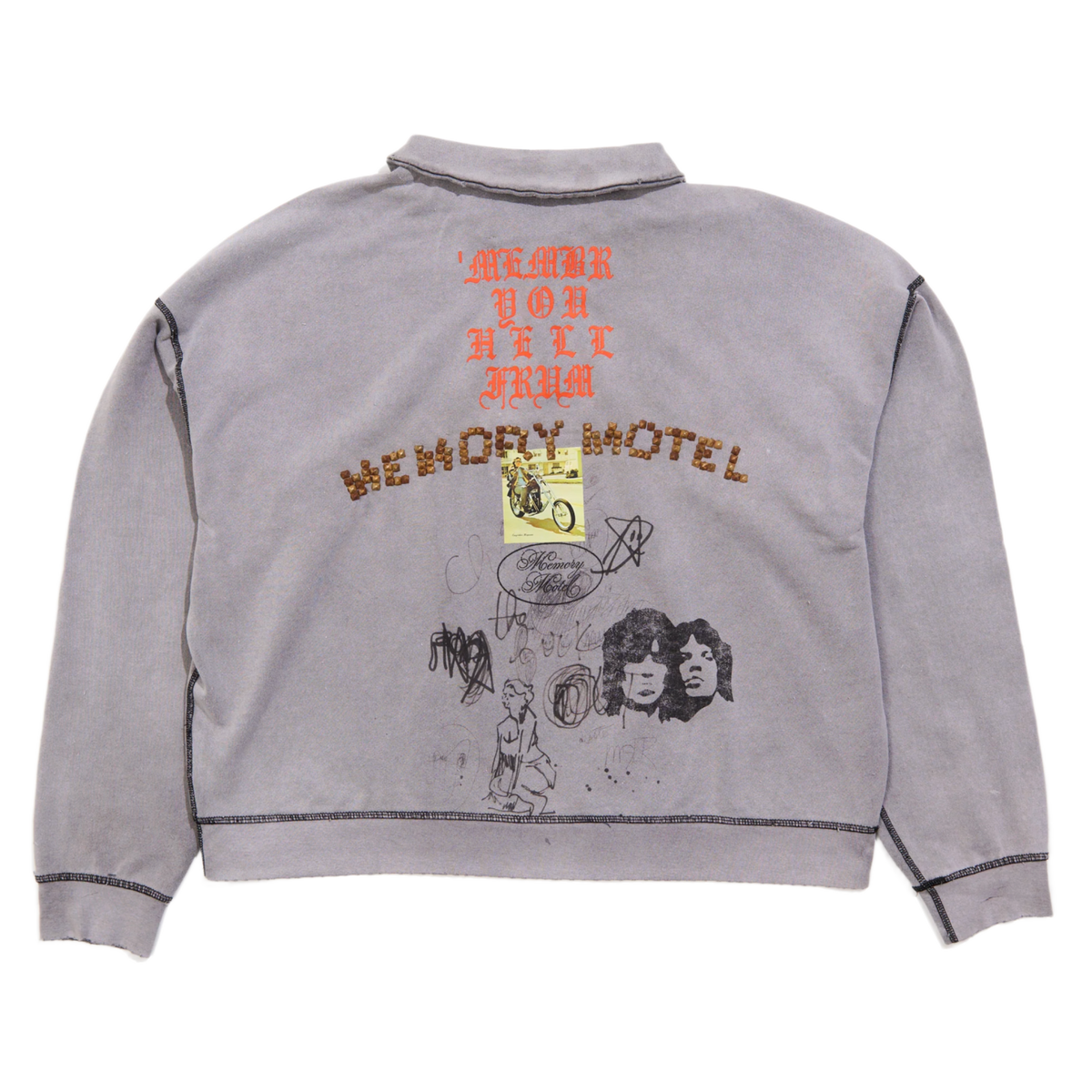 Back flat lay view of the faded grey Paly quarter-zip sweatshirt, showcasing a large orange and black graphic layout across the upper back with arched text reading 'SORRY BOUT THAT' above an detailed illustrative character print.