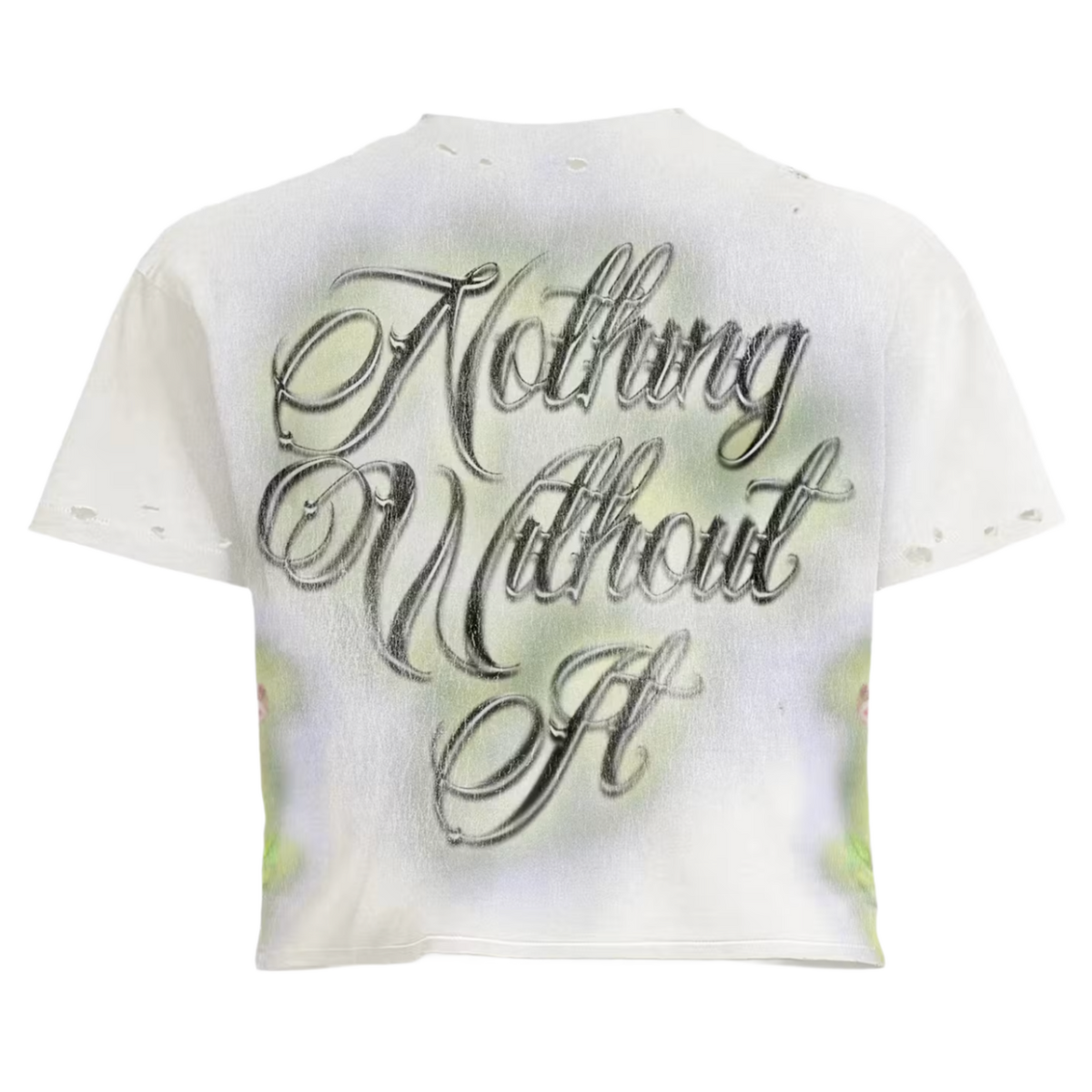 Back flat lay view of the cream Vertabrae 'Prayers' graphic tee, highlighting the seamless upper shoulder tailoring and relaxed streetwear drape, dominated by a large centralized screen-printed script graphic in elegant, multi-layered black and grey calligraphy reading 'Nothing Without It' overlaid onto matching airbrushed neon green and tan background halos.
