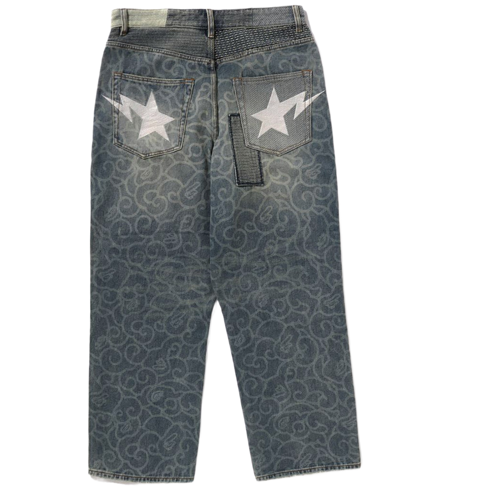 BAPE Cloud Camo Jacquard Upcycled Relaxed Fit 13 oz Denim Pants Indigo