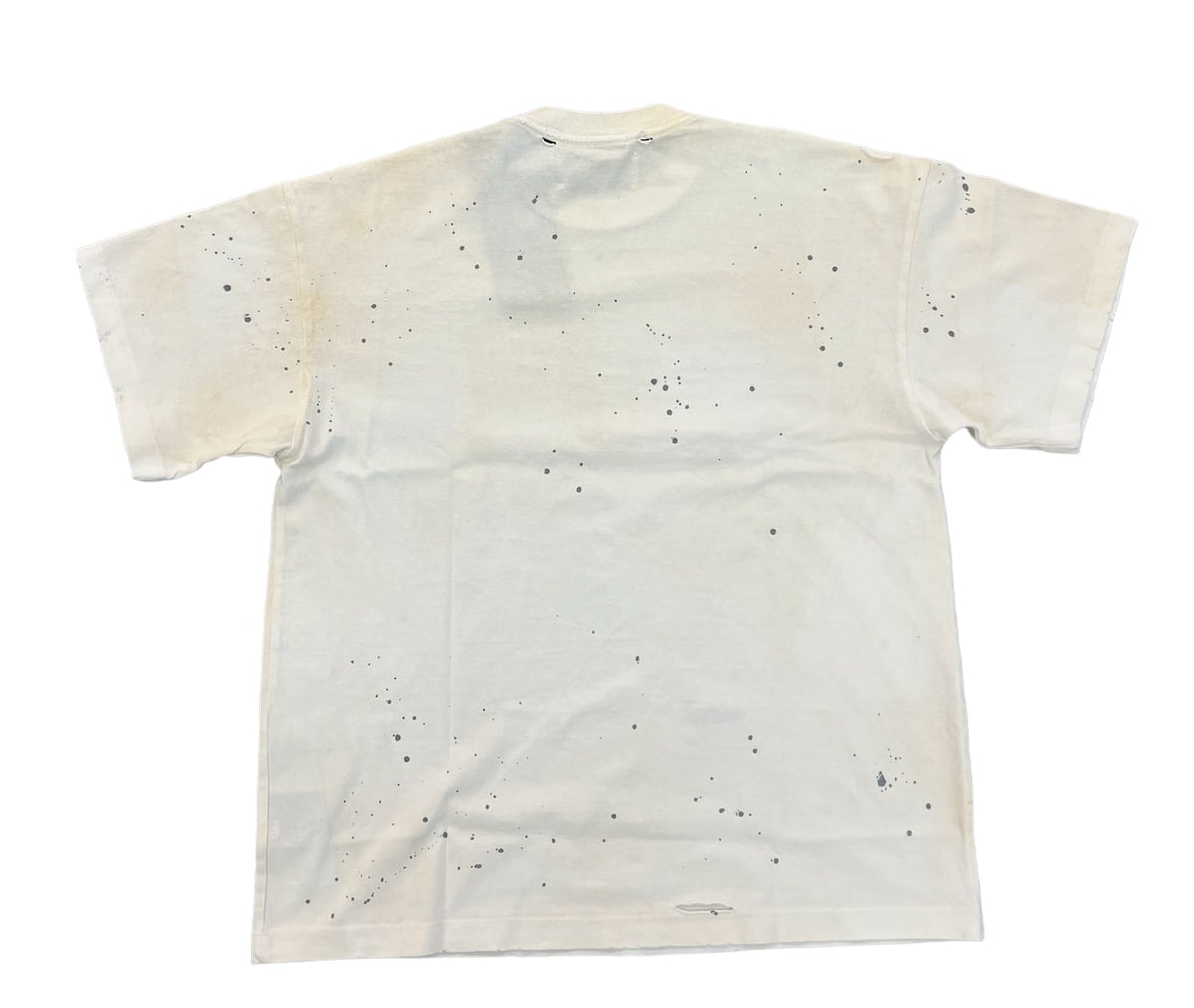 Back flat lay view of the washed cream and grey tie-dye Satoshi Nakamoto t-shirt, showcasing the continuing distressed vintage pattern with an unadorned back cotton panel and a clean crew neck stitching line.