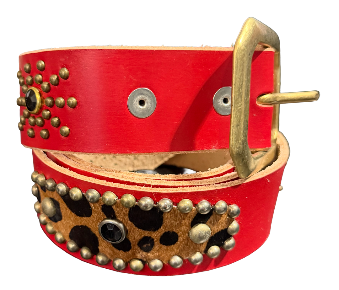 Studded 'Cheetah Felt/ Sun Gem' Red Belt