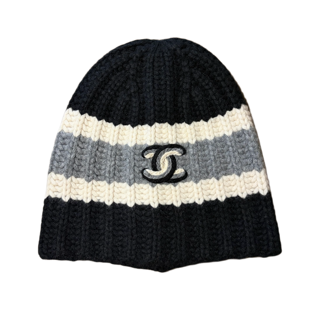 Chanel 'Black & Grey Striped' No Cuff Knit Cashmere Beanie