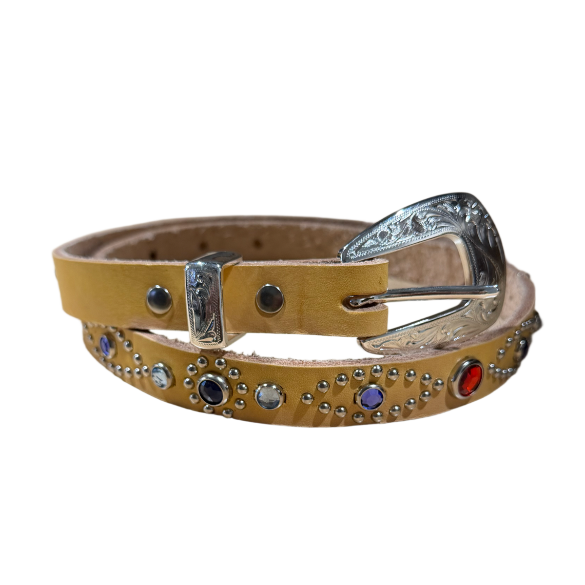 Studded 'Yellow & Gems' Thin Leather Belt