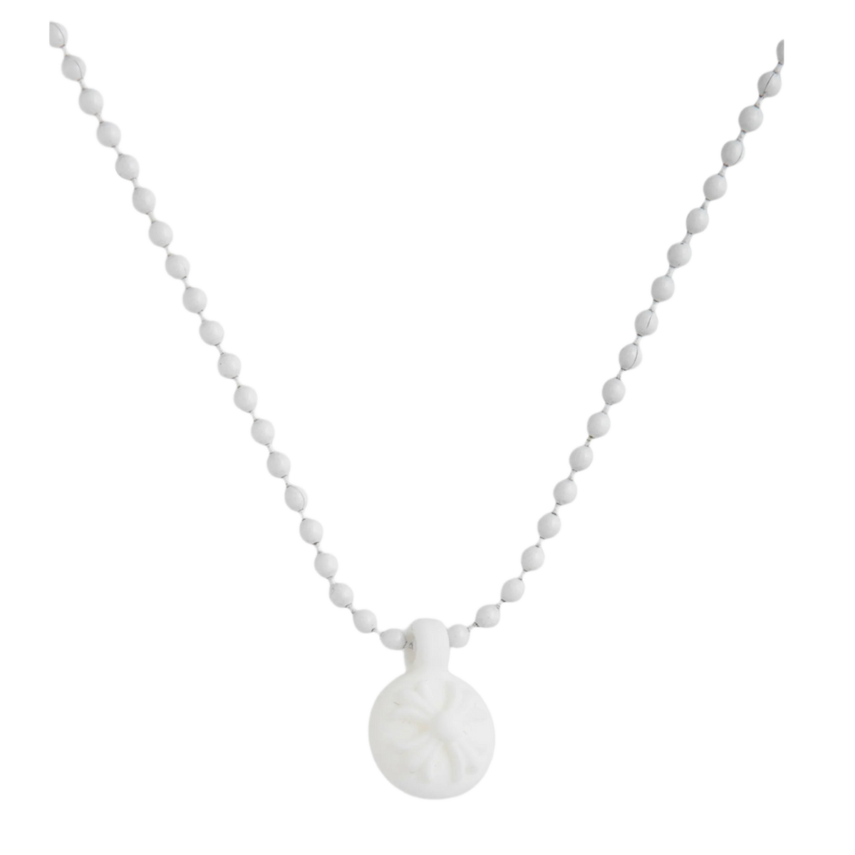 A front view of the Chrome Hearts 'Silichrome' necklace draped in a deep V-shape, highlighting the unique matte white silicone molded crossball bead chain and matching circular cross charm pendant.