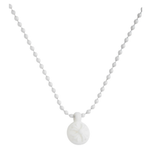 A front view of the Chrome Hearts 'Silichrome' necklace draped in a deep V-shape, highlighting the unique matte white silicone molded crossball bead chain and matching circular cross charm pendant.