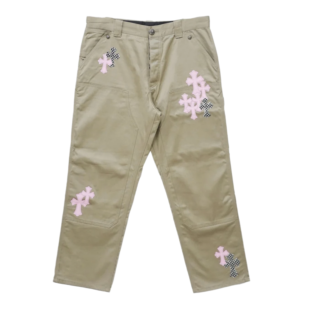 Chrome Hearts 'Khaki' Pink Leather Cross Patch Carpenter Pants