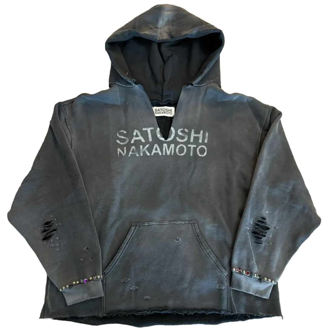 Satoshi Nakamoto 'Destructo' Studded Washed Black Hoodie